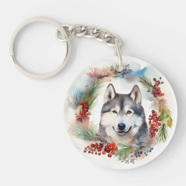 Alaskan Malamute Christmas Wreath Festive Pup  Keychain (Front)