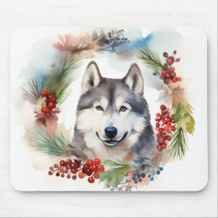Alaskan Malamute Christmas Wreath Festive Pup  Mouse Pad