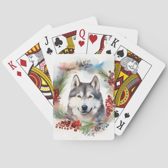 Alaskan Malamute Christmas Wreath Festive Pup  Playing Cards (Back)