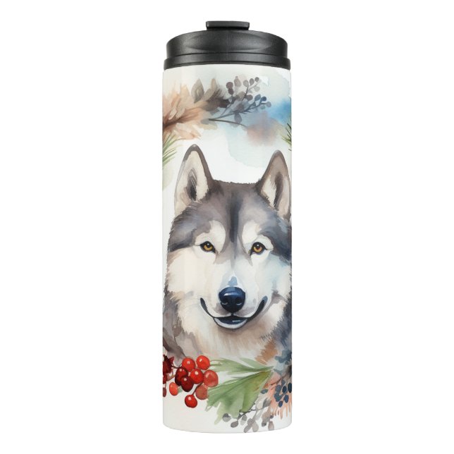 Alaskan Malamute Christmas Wreath Festive Pup  Thermal Tumbler (Front)