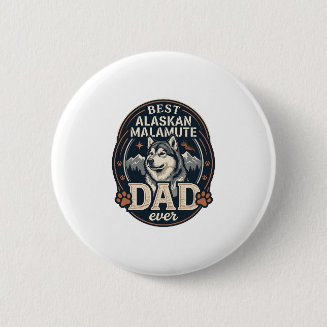 Alaskan Malamute Dad Dog Portrait Mountains Badge  2 Inch Round Button (Front)