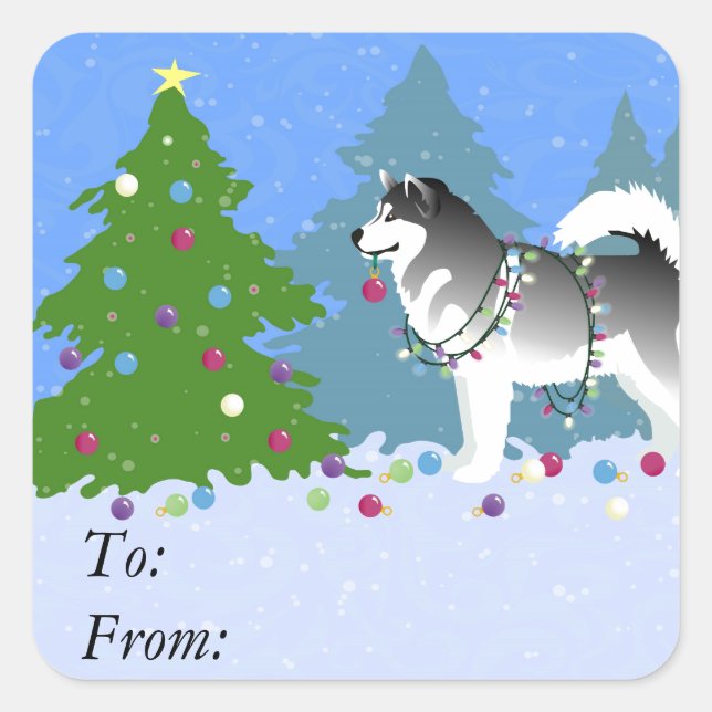 Alaskan Malamute Decorating Christmas Tree Square Sticker (Front)