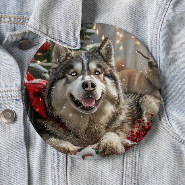 Alaskan Malamute Dog Christmas Festive 6 Inch Round Button (In Situ)