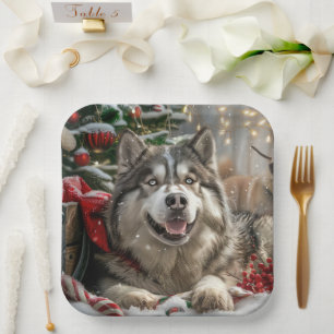 Alaskan Malamute Dog Christmas Festive Paper Plate