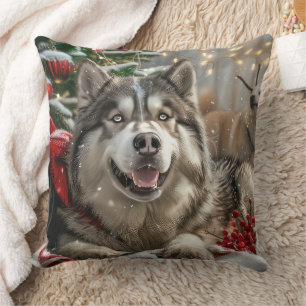 Alaskan Malamute Dog Christmas Festive Throw Pillow