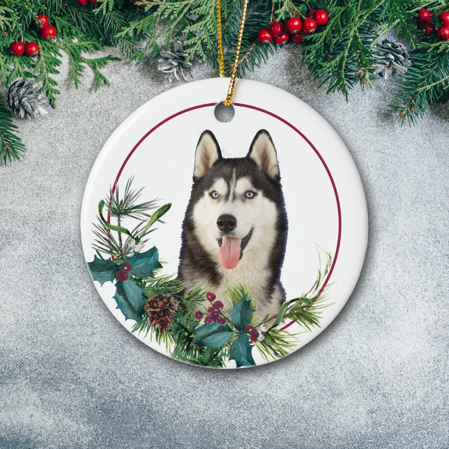 Alaskan Malamute Dog Evergreen Berry Wreath Ceramic Ornament (Creator Uploaded)