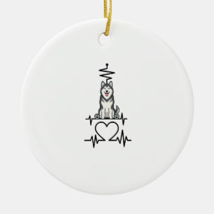 Alaskan Malamute Dog Heartbeat Line Heart Paws Ceramic Ornament