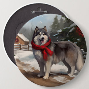 Alaskan Malamute Dog in Snow Christmas 6 Inch Round Button