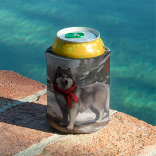 Alaskan Malamute Dog in Snow Christmas Can Cooler