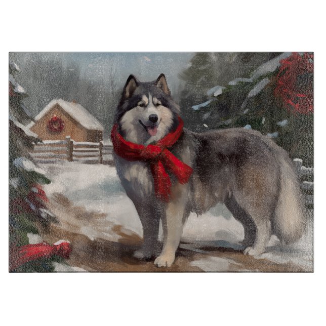 Alaskan Malamute Dog in Snow Christmas Cutting Board (Front)