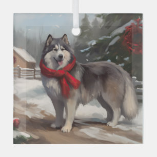 Alaskan Malamute Dog in Snow Christmas Glass Ornament