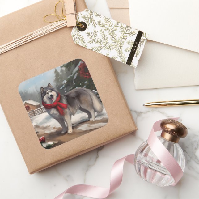 Alaskan Malamute Dog in Snow Christmas Square Sticker (Gifting)