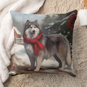 Alaskan Malamute Dog in Snow Christmas Throw Pillow