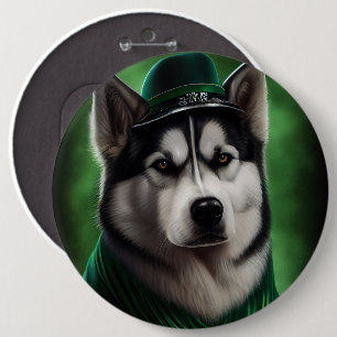 Alaskan Malamute dog in St. Patrick's Day Dress 6 Inch Round Button