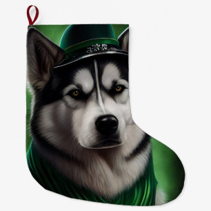 Alaskan Malamute dog in St. Patrick's Day Dress Large Christmas Stocking