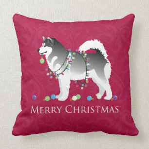 Alaskan Malamute Dog Merry Christmas Design Throw Pillow