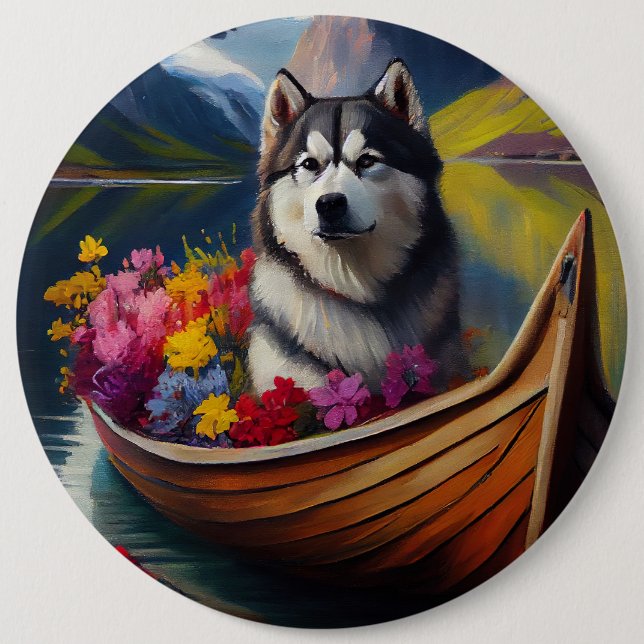 Alaskan Malamute Dog on Paddle: A Scenic Adventure 6 Inch Round Button (Front)