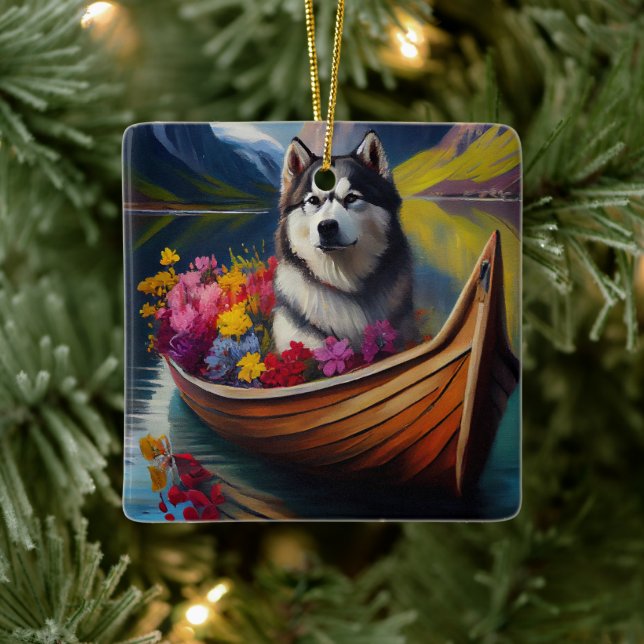 Alaskan Malamute Dog on Paddle: A Scenic Adventure Ceramic Ornament (Tree)