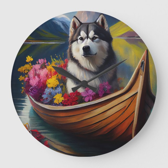 Alaskan Malamute Dog on Paddle: A Scenic Adventure Large Clock (Front)