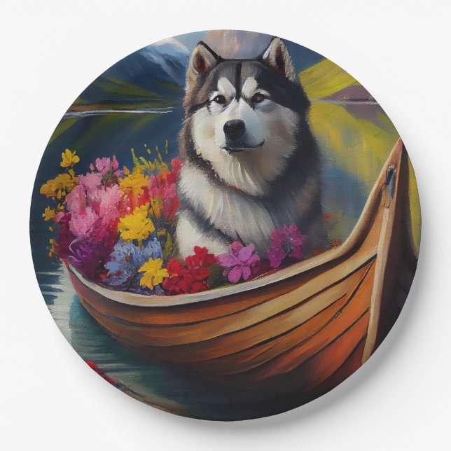 Alaskan Malamute Dog on Paddle: A Scenic Adventure Paper Plate (Front)