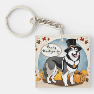 Alaskan Malamute Dog Pilgrim Happy Thanksgiving Keychain