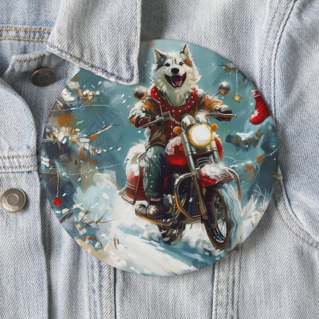 Alaskan Malamute Dog Riding Motorcycle Christmas  6 Inch Round Button (In Situ)