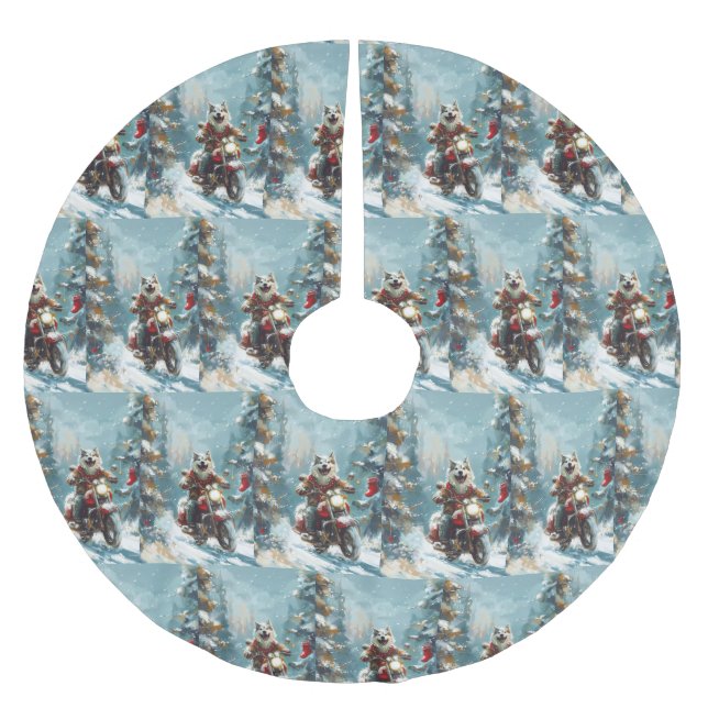 Alaskan Malamute Dog Riding Motorcycle Christmas  Brushed Polyester Tree Skirt (Front)