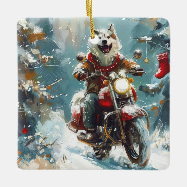 Alaskan Malamute Dog Riding Motorcycle Christmas  Ceramic Ornament (Front)