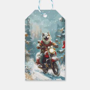 Alaskan Malamute Dog Riding Motorcycle Christmas Gift Tags