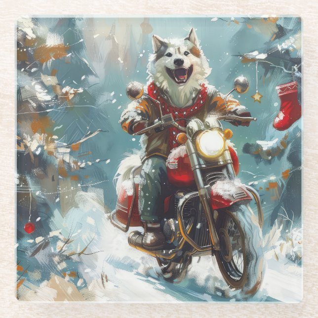 Alaskan Malamute Dog Riding Motorcycle Christmas  Glass Coaster (Front)