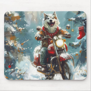 Alaskan Malamute Dog Riding Motorcycle Christmas  Mouse Pad