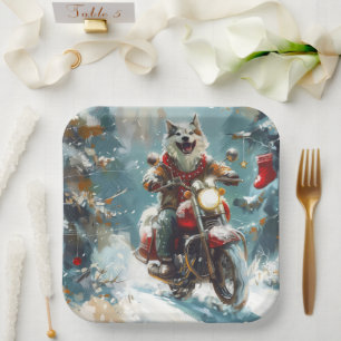 Alaskan Malamute Dog Riding Motorcycle Christmas  Paper Plate