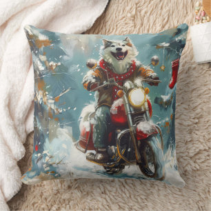 Alaskan Malamute Dog Riding Motorcycle Christmas Throw Pillow