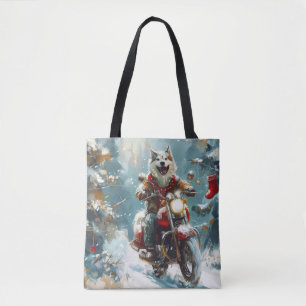 Alaskan Malamute Dog Riding Motorcycle Christmas Tote Bag