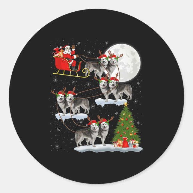 Alaskan Malamute Dog Santa Sleigh Flying Funny Chr Classic Round Sticker (Front)