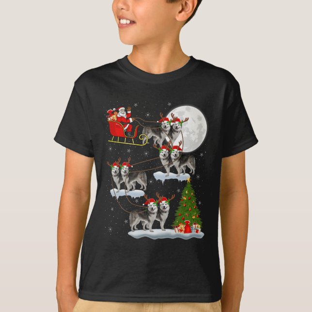 Alaskan Malamute Dog Santa Sleigh Flying Funny Chr T-Shirt (Front)