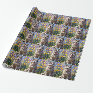 Alaskan Malamute Dog Spring Flowers Painting  Wrapping Paper