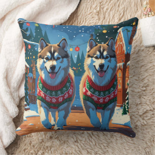 Alaskan Malamute Dogs Christmas Snow Holiday Throw Pillow