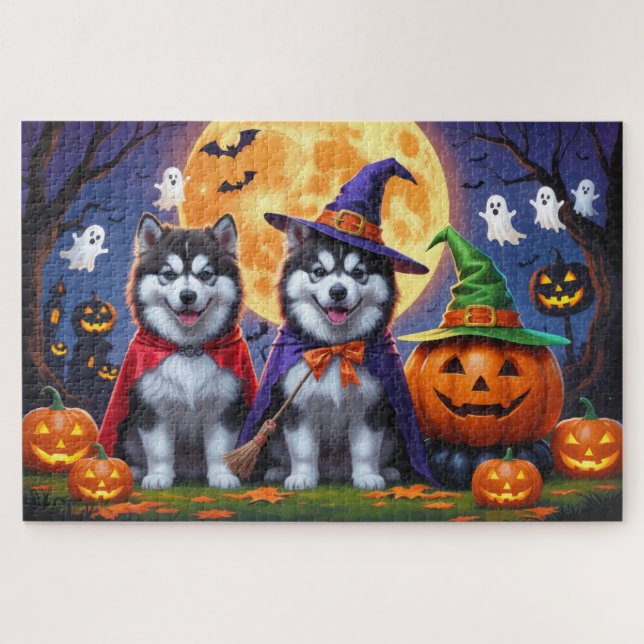 Alaskan Malamute Dogs Pumpkin Halloween Funny  Jigsaw Puzzle (Horizontal)