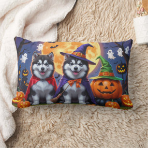 Alaskan Malamute Dogs Pumpkin Halloween Funny Lumbar Pillow