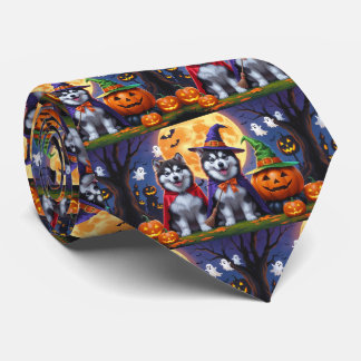 Alaskan Malamute Dogs Pumpkin Halloween Funny Tie