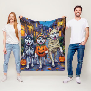 Alaskan Malamute Dogs Trick-or-Treating Halloween  Fleece Blanket