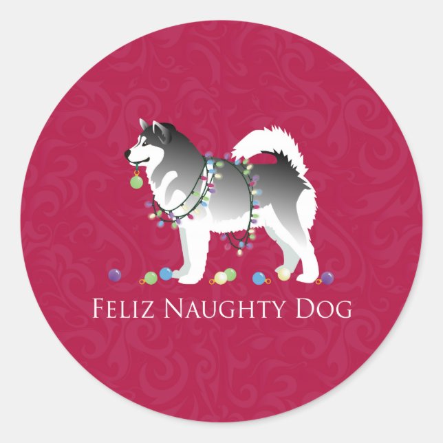 Alaskan Malamute Feliz Naughty Dog Christmas Classic Round Sticker (Front)