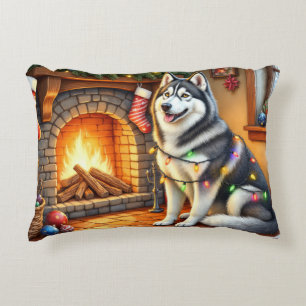 Alaskan Malamute Fireplace with Christmas Lights Accent Pillow