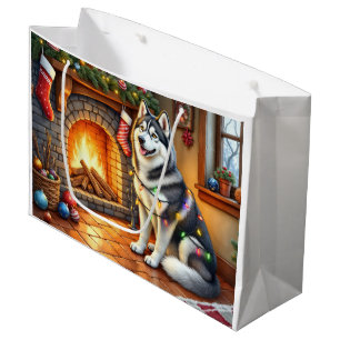 Alaskan Malamute Fireplace with Christmas Lights Large Gift Bag