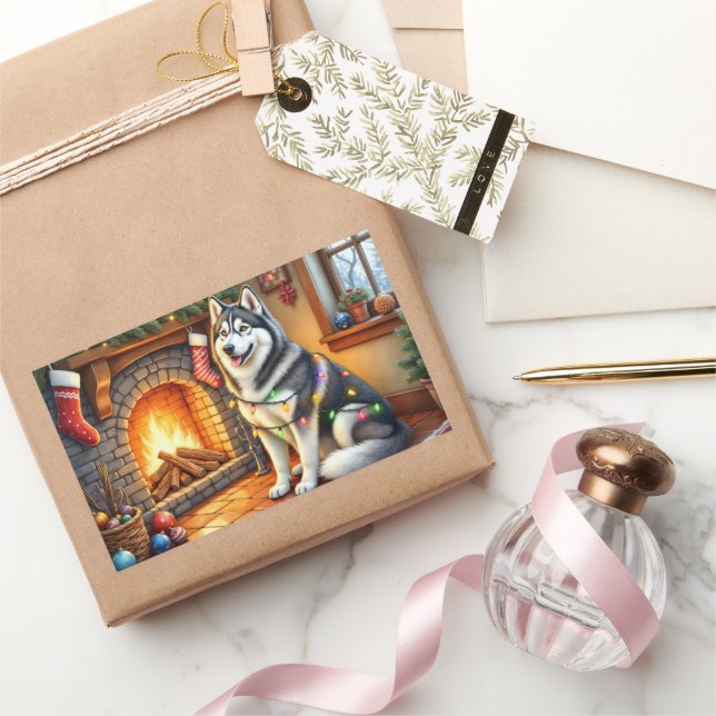 Alaskan Malamute Fireplace with Christmas Lights Sticker (Gifting)