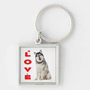Alaskan Malamute Grey And Black Puppy Dog Red Love Keychain