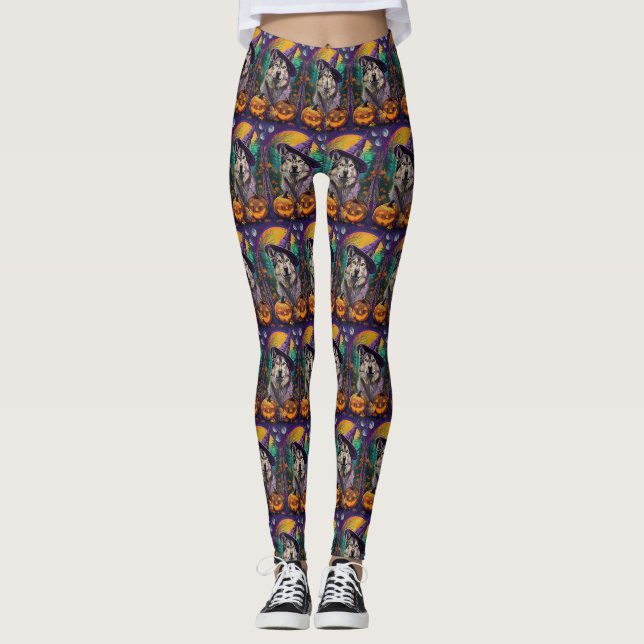 Alaskan Malamute Halloween Witch and Pumpkin  Leggings (Front)
