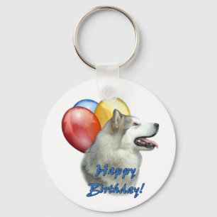 Alaskan Malamute Happy Birthday Balloons Keychain