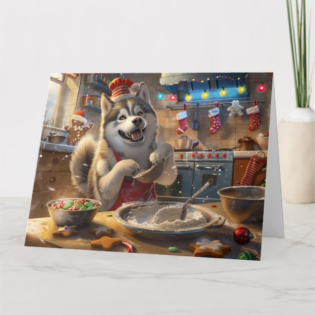 Alaskan Malamute Holiday Baking: Festive Christmas Card (Front)